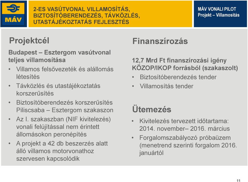 szakaszban (NIF kivitelezés) vonali felújítással nem érintett állomásokon peronépítés A projekt a 42 db beszerzés alatt álló villamos motorvonathoz szervesen kapcsolódik Finanszírozás 12,7 Mrd Ft