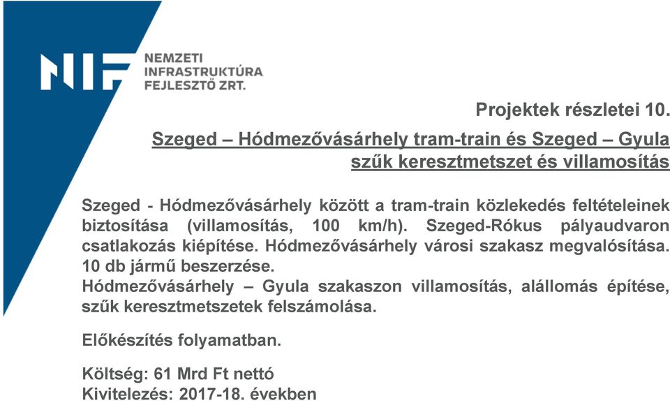 tram-train közlekedés feltételeinek biztosítása (villamosítás, 100 km/h). Szeged-Rókus pályaudvaron csatlakozás kiépítése.