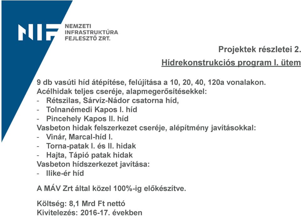 híd Vasbeton hidak felszerkezet cseréje, alépítmény javításokkal: - Vinár, Marcal-híd I. - Torna-patak I. és II.