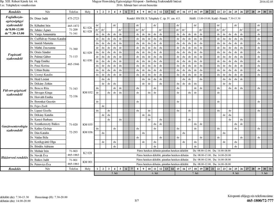 Máthé Zsuzsanna 71-360 Dr. Orsós Sándor K1 029 Dr. Palotai Gábor 71-115 Dr. Papp Emőke K1 030 Dr. Patai Korina 465-1946 Dr. Urbán Beáta Dr. Uzonyi Katalin Dr. eid Lóránt Dr. Dékány Zoltán Dr.