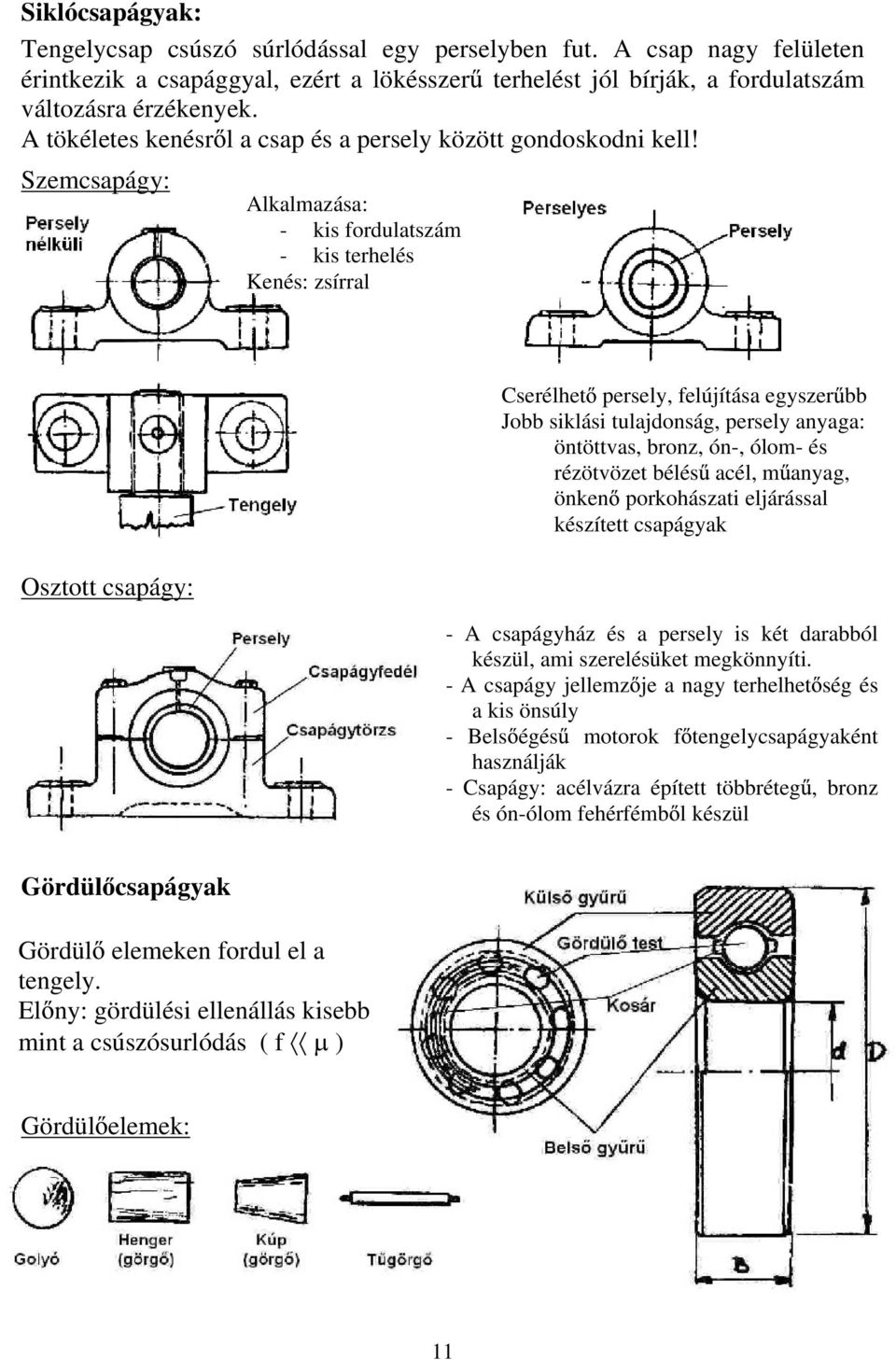 Szemcsapágy: Alkalmazása: - kis fordulatszám - kis terhelés Kenés: zsírral Osztott csapágy: Cserélhet persely, felújítása egyszer bb Jobb siklási tulajdonság, persely anyaga: öntöttvas, bronz, ón-,