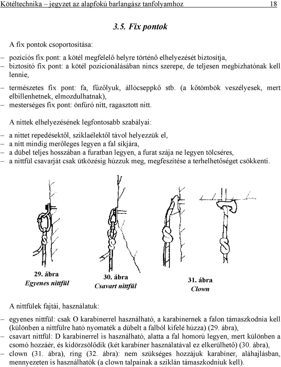fix pont: fa, fűzőlyuk, állócseppkő stb. (a kőtömbök veszélyesek, mert elbillenhetnek, elmozdulhatnak), mesterséges fix pont: önfúró nitt, ragasztott nitt.