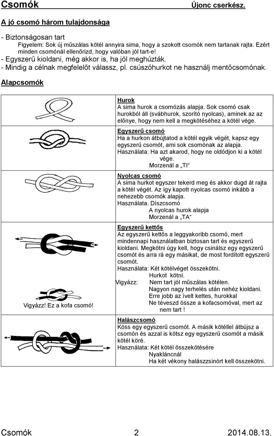 Alapcsomók Vigyázz! Ez a kofa csomó! Hurok A sima hurok a csomózás alapja. Sok csomó csak hurokból áll (svábhurok, szorító nyolcas), aminek az az előnye, hogy nem kell a megkötéséhez a kötél vége.