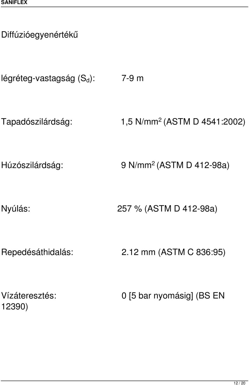 N/mm 2 (ASTM D 412-98a) Nyúlás: 257 % (ASTM D 412-98a)