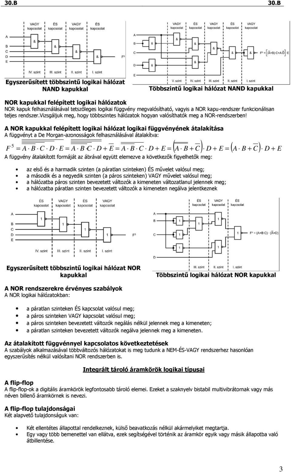 A NOR kapukkal felépített logikai hálózat logikai függvényének átalakítása A függvényt a De Morgan-azonosságok felhasználásával átalakítva: 5 ( A B + C) D + E = ( A B + C) D E F = A B C D E = A B C D