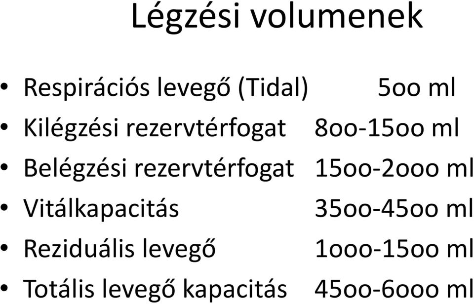 rezervtérfogat 15oo-2ooo ml Vitálkapacitás 35oo-45oo ml