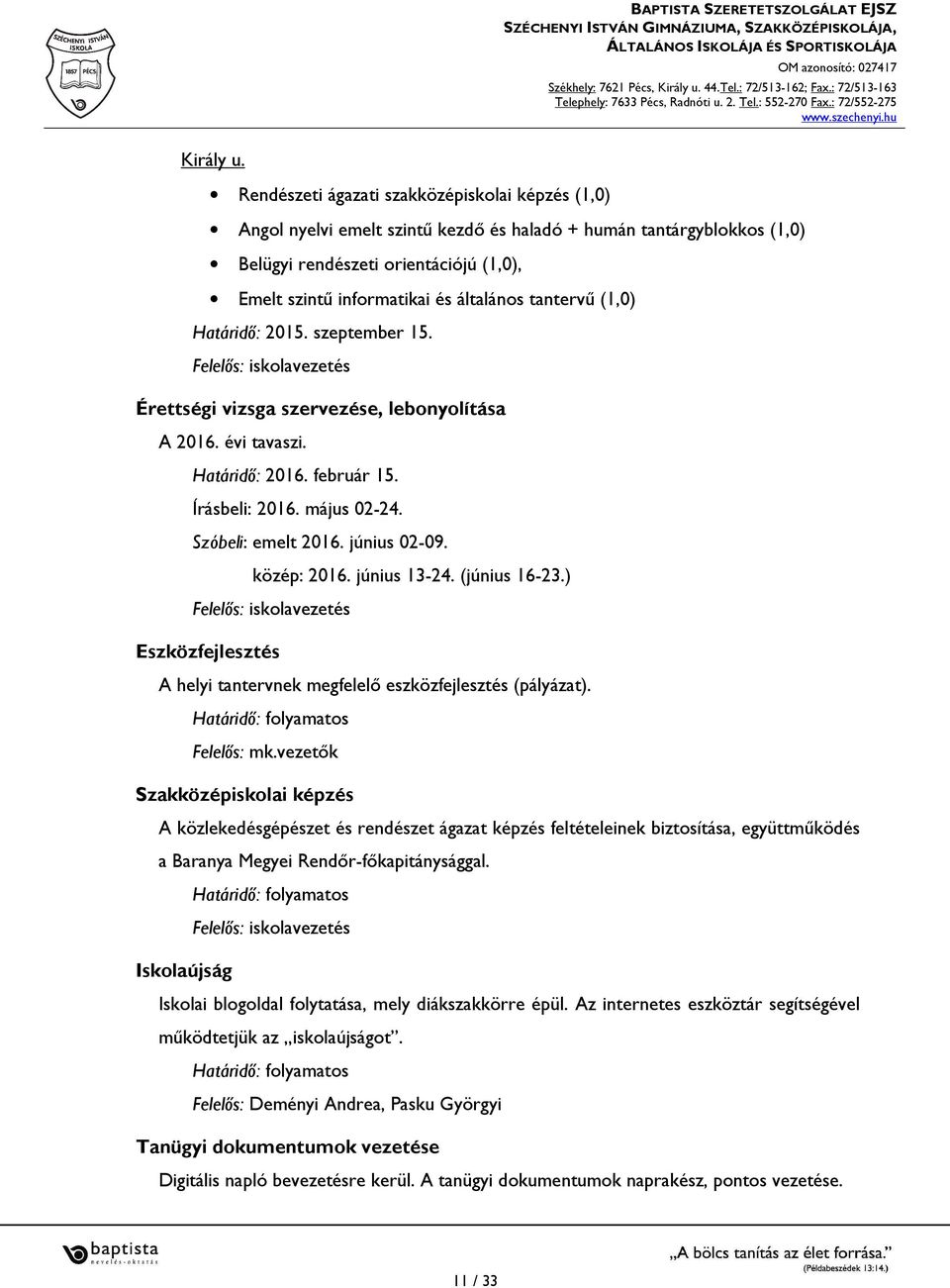 tantervű (1,0) Határidő: 2015. szeptember 15. Felelős: iskolavezetés Érettségi vizsga szervezése, lebonyolítása A 2016. évi tavaszi. Határidő: 2016. február 15. Írásbeli: 2016. május 02-24.