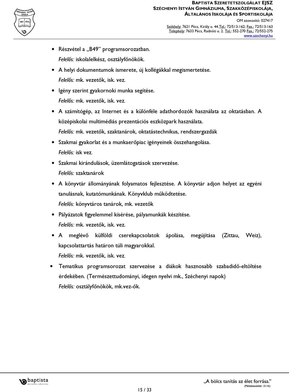 vezetők, szaktanárok, oktatástechnikus, rendszergazdák Szakmai gyakorlat és a munkaerőpiac igényeinek összehangolása. Felelős: isk vez. Szakmai kirándulások, üzemlátogatások szervezése.