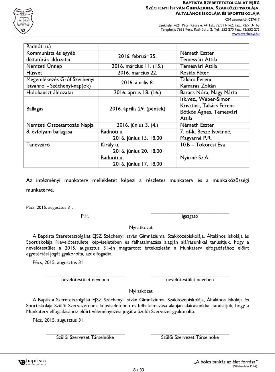 április 29. (péntek) Isk.vez., Wéber-Simon Krisztina, Takács Ferenc Bötkös Ágnes, Temesvári Attila Nemzeti Összetartozás Napja 2016. június 3. (4.) Németh Eszter 8. évfolyam ballagása Radnóti u. 7.