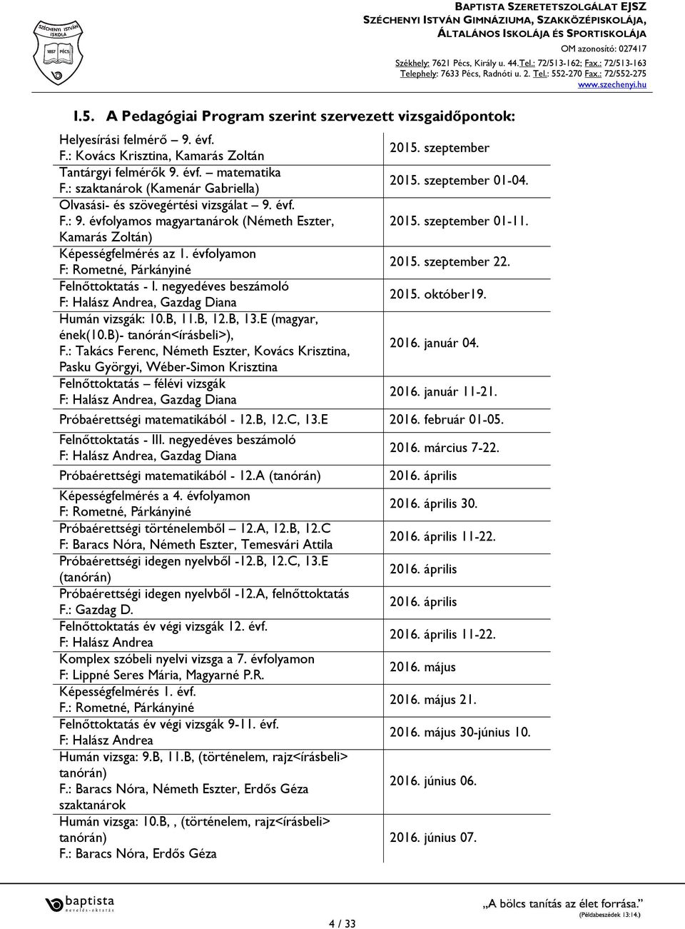 évfolyamon F: Rometné, Párkányiné Felnőttoktatás - I. negyedéves beszámoló F: Halász Andrea, Gazdag Diana Humán vizsgák: 10.B, 11.B, 12.B, 13.E (magyar, ének(10.b)- tanórán<írásbeli>), F.