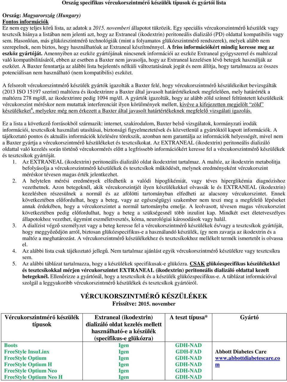 Hasonlóan, más glükózszintmérő technológiák (mint a folyamatos glükózszintmérő rendszerek), melyek alább nem szerepelnek, nem biztos, hogy használhatóak az Extraneal készítménnyel.