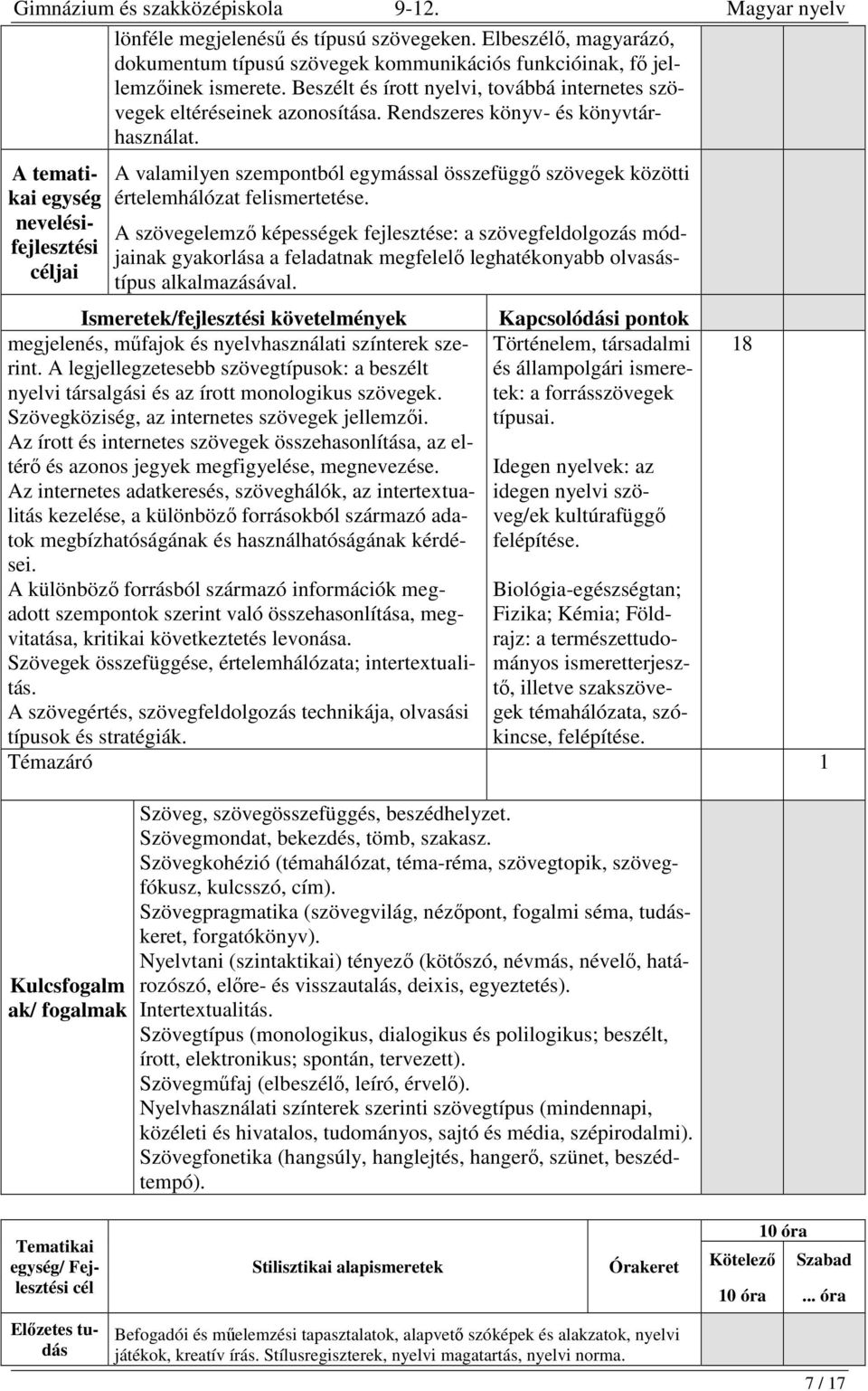 egység nevelésifejlesztési jai A valamilyen szempontból egymással összefüggő szövegek közötti értelemhálózat felismertetése.