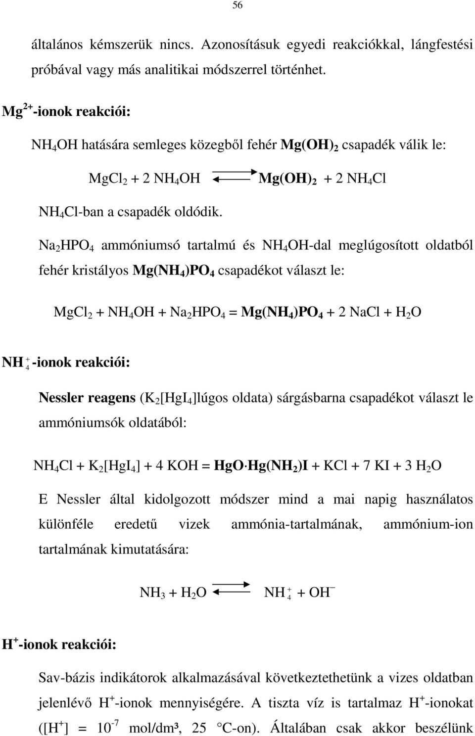 Na HPO 4 ammóniumsó tartalmú és NH 4 OH-dal meglúgosított oldatból fehér kristályos Mg(NH 4 )PO 4 csapadékot választ le: MgCl + NH 4 OH + Na HPO 4 = Mg(NH 4 )PO 4 + NaCl + H O NH + 4 -ionok reakciói: