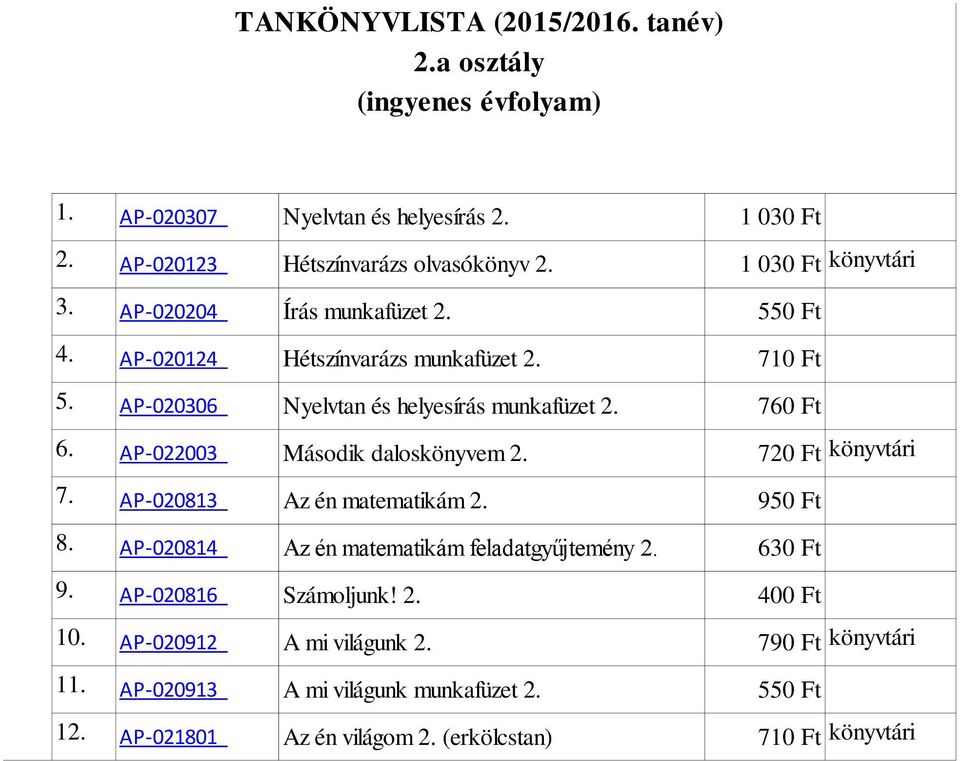 AP-022003 Második daloskönyvem 2. 720 Ft könyvtári 7. AP-020813 Az én matematikám 2. 950 Ft AP-020814 Az én matematikám feladatgyűjtemény 2. 9. AP-020816 Számoljunk!