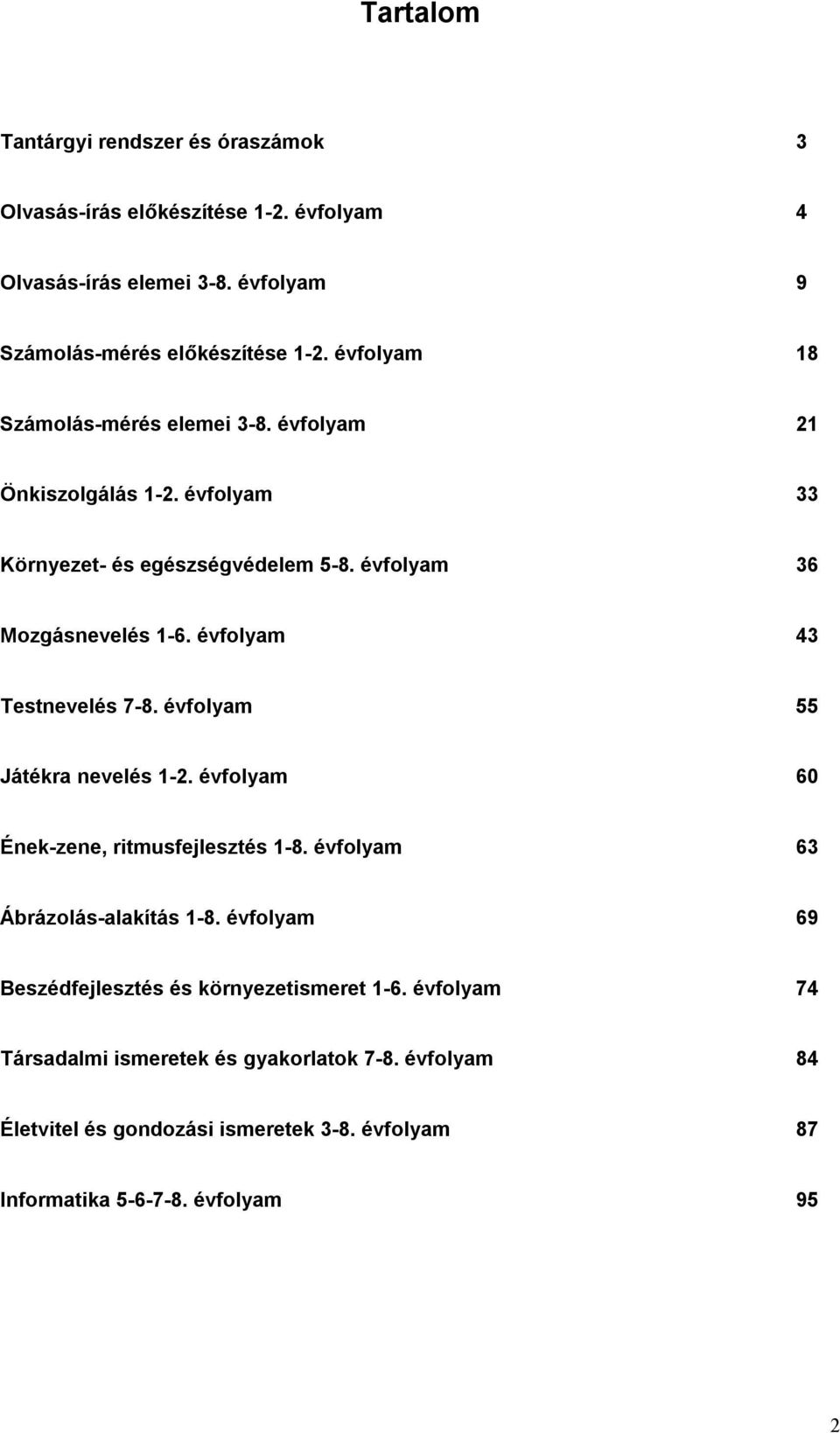 évfolyam 43 Testnevelés 7-8. évfolyam 55 Játékra nevelés 1-2. évfolyam 60 Ének-zene, ritmusfejlesztés 1-8. évfolyam 63 Ábrázolás-alakítás 1-8.