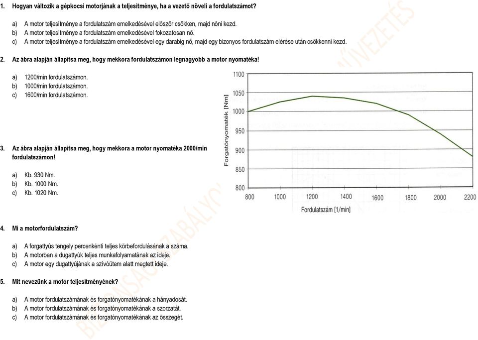 2. Az ábra alapján állapítsa meg, hogy mekkora fordulatszámon legnagyobb a motor nyomatéka! a) 1200/min fordulatszámon. b) 1000/min fordulatszámon. c) 1600/min fordulatszámon. 3.