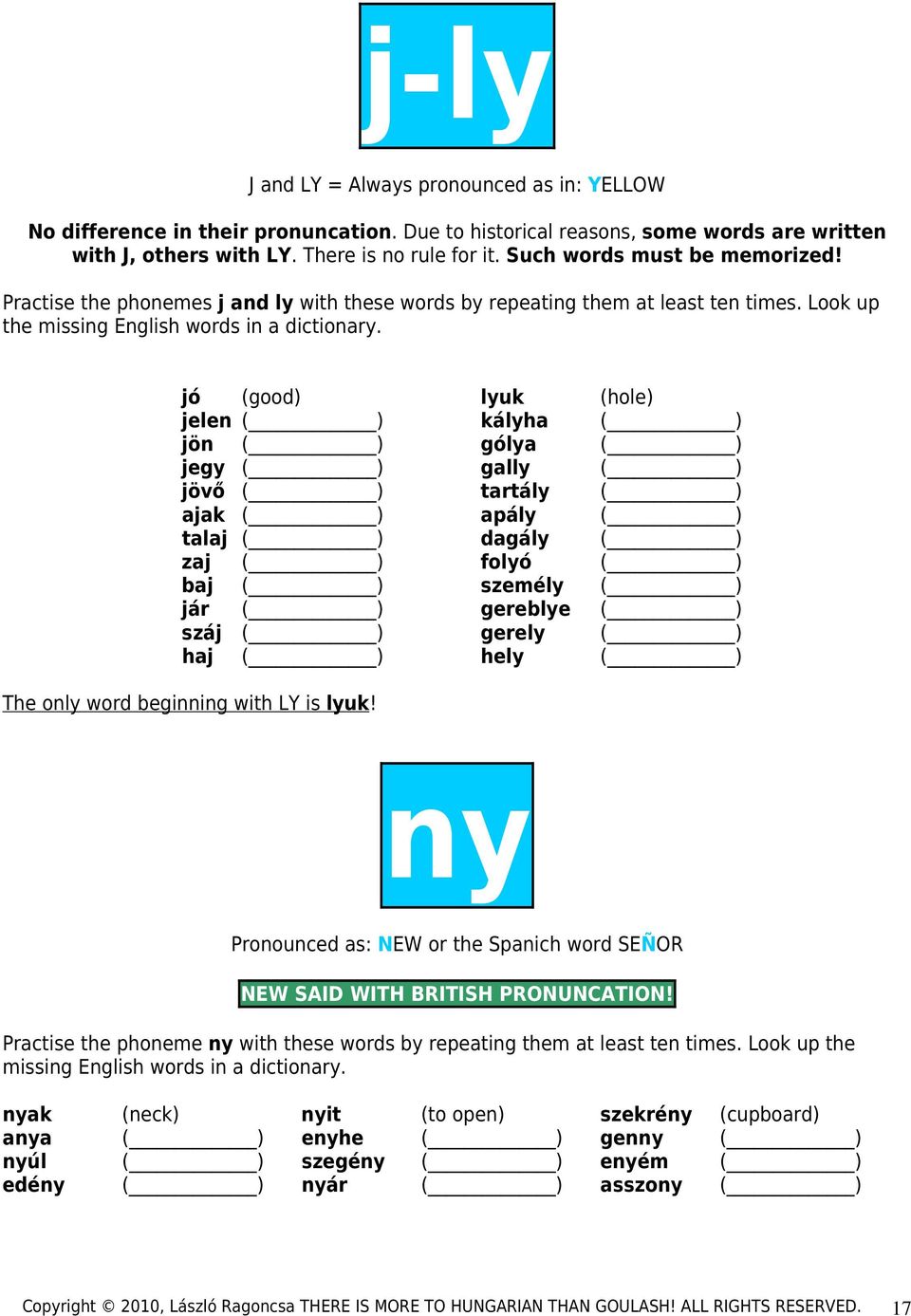 jó (good) lyuk (hole) jelen ( ) kályha ( ) jön ( ) gólya ( ) jegy ( ) gally ( ) jövő ( ) tartály ( ) ajak ( ) apály ( ) talaj ( ) dagály ( ) zaj ( ) folyó ( ) baj ( ) személy ( ) jár ( ) gereblye ( )