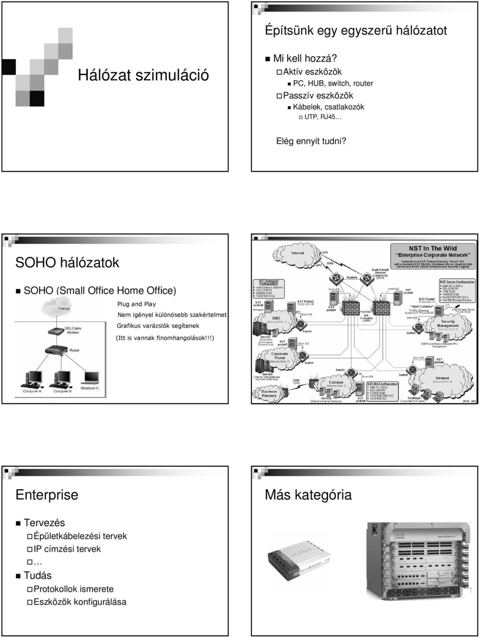 SOHO hálózatok Enterprise SOHO (Small Office Home Office) Plug and Play Nem igényel különösebb szakértelmet Grafikus