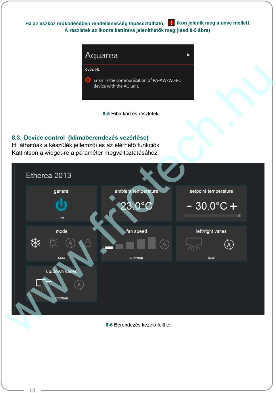3. Device control (klímaberendezés vezérlése) Itt láthatóak a készülék jellemzői és az