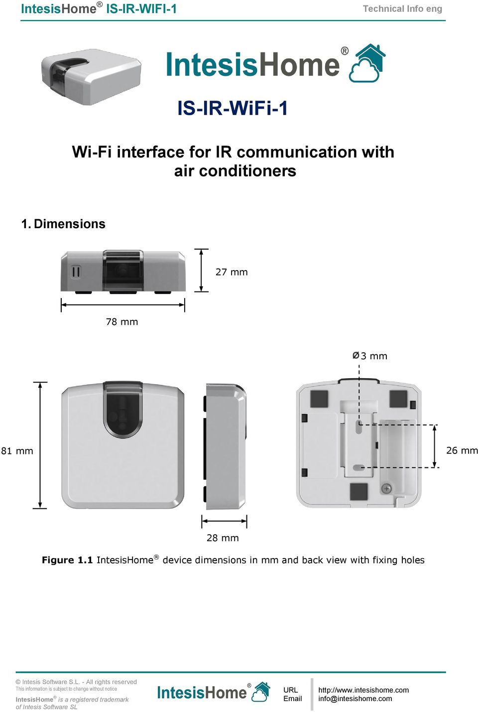 1 IntesisHome device dimensions in mm and back view with fixing holes Intesis Software S.L.