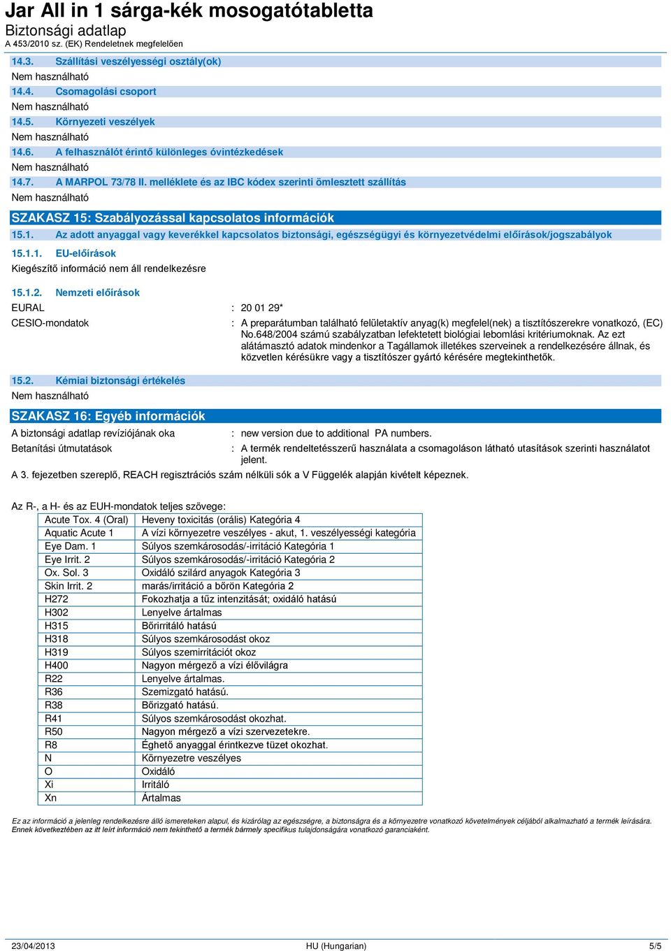 Jar All in 1 sárga-kék mosogatótabletta - PDF Ingyenes letöltés