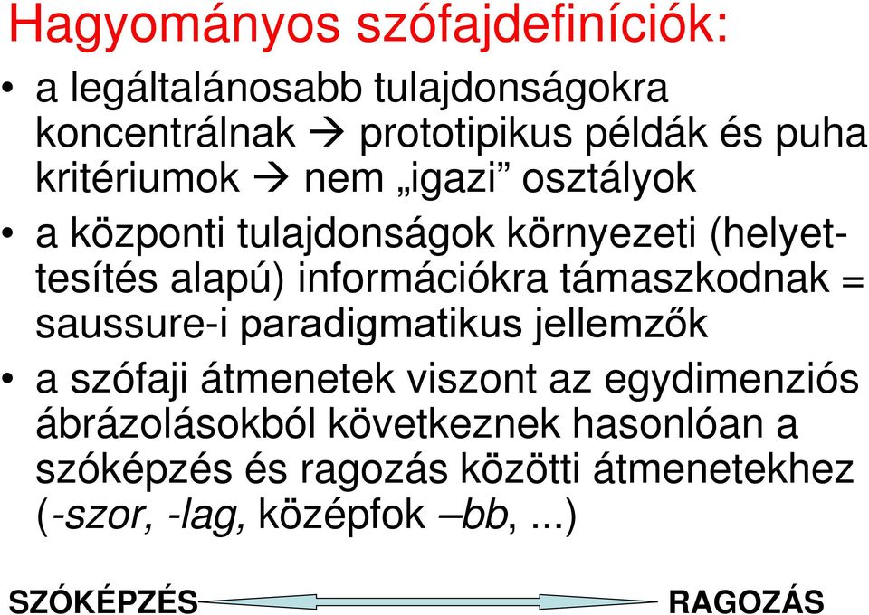 támaszkodnak = saussure-i paradigmatikus jellemzők a szófaji átmenetek viszont az egydimenziós