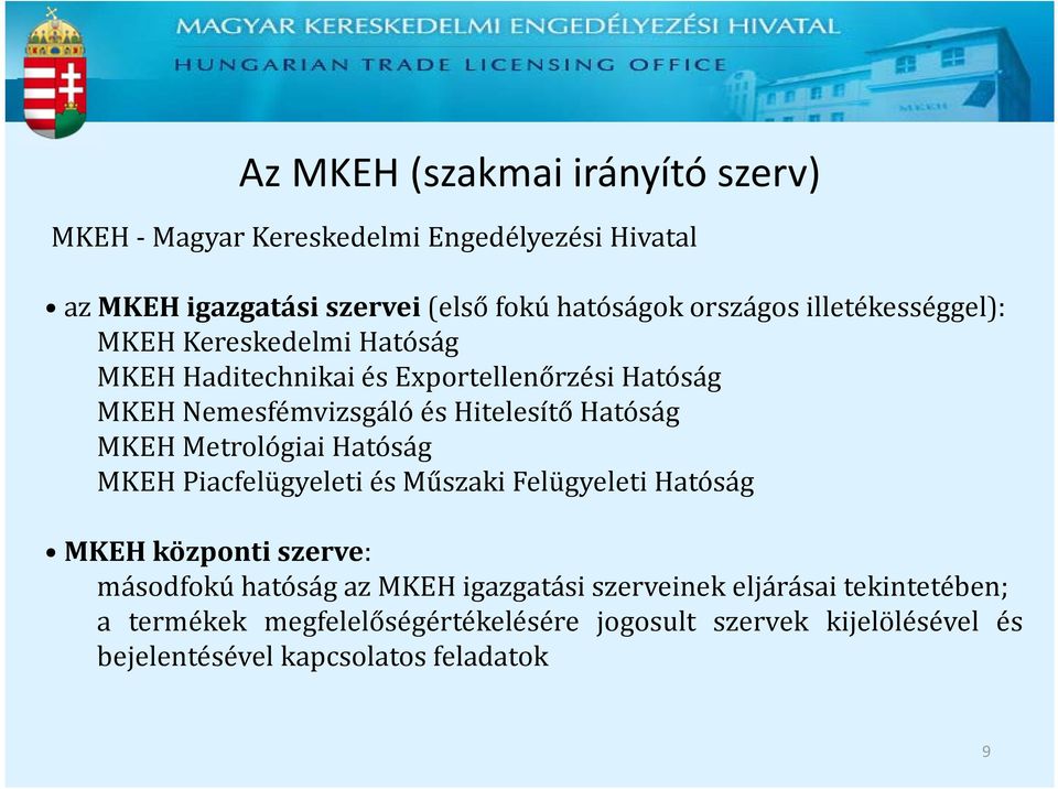 MKEH Metrológiai Hatóság MKEH Piacfelügyeleti és Műszaki Felügyeleti Hatóság MKEH központi szerve: másodfokú hatóság az MKEH igazgatási