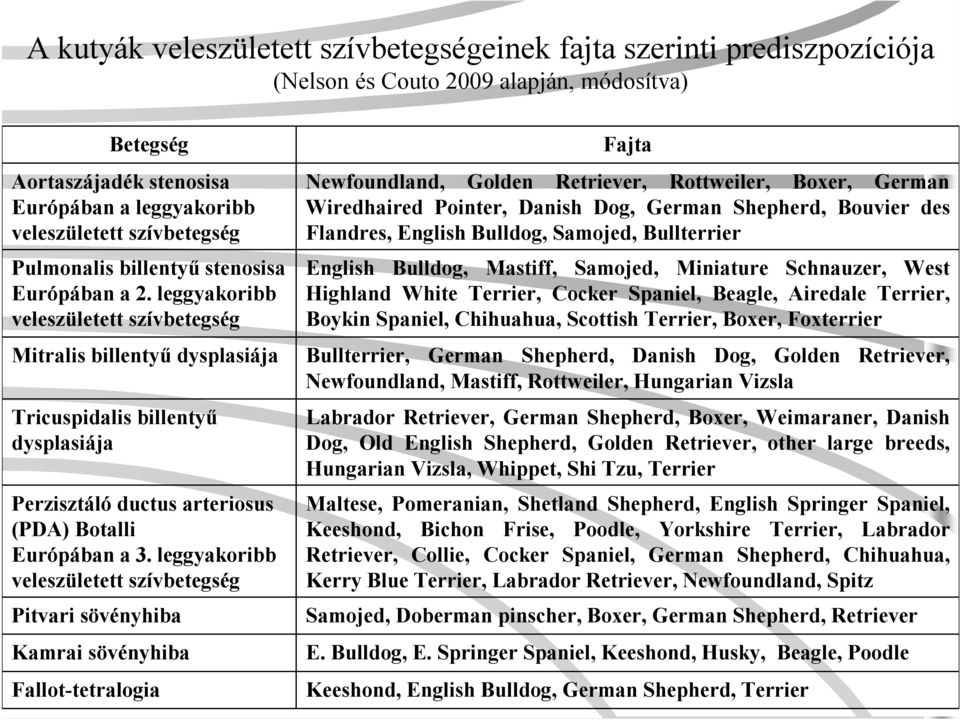 leggyakoribb veleszületett szívbetegség Mitralisbillentyű dysplasiája Tricuspidalis billentyű dysplasiája Perzisztáló ductus arteriosus (PDA) Botalli Európábana 3.