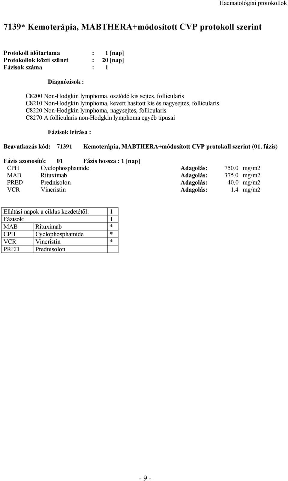 71391 Kemoterápia, MABTHERA+módosított CVP protokoll szerint (01. fázis) Fázis azonosító: 01 Fázis hossza : 1 [nap] CPH Cyclophosphamide Adagolás: 750.0 mg/m2 MAB Rituximab Adagolás: 375.