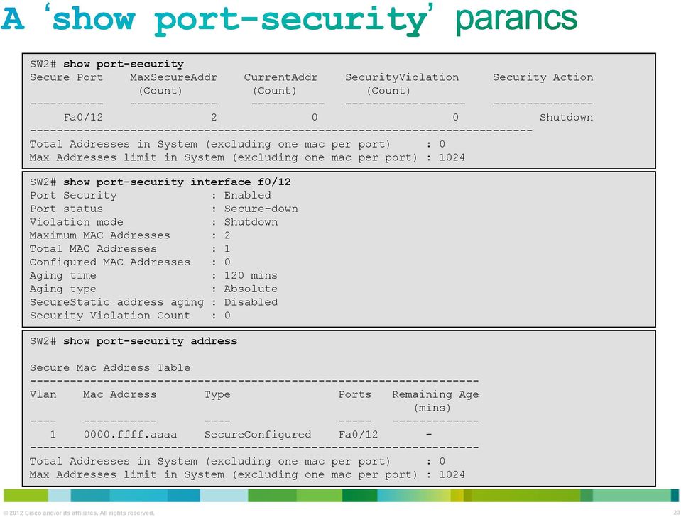 per port) : 1024 SW2# show port-security interface f0/12 Port Security : Enabled Port status : Secure-down Violation mode : Shutdown Maximum MAC Addresses : 2 Total MAC Addresses : 1 Configured MAC