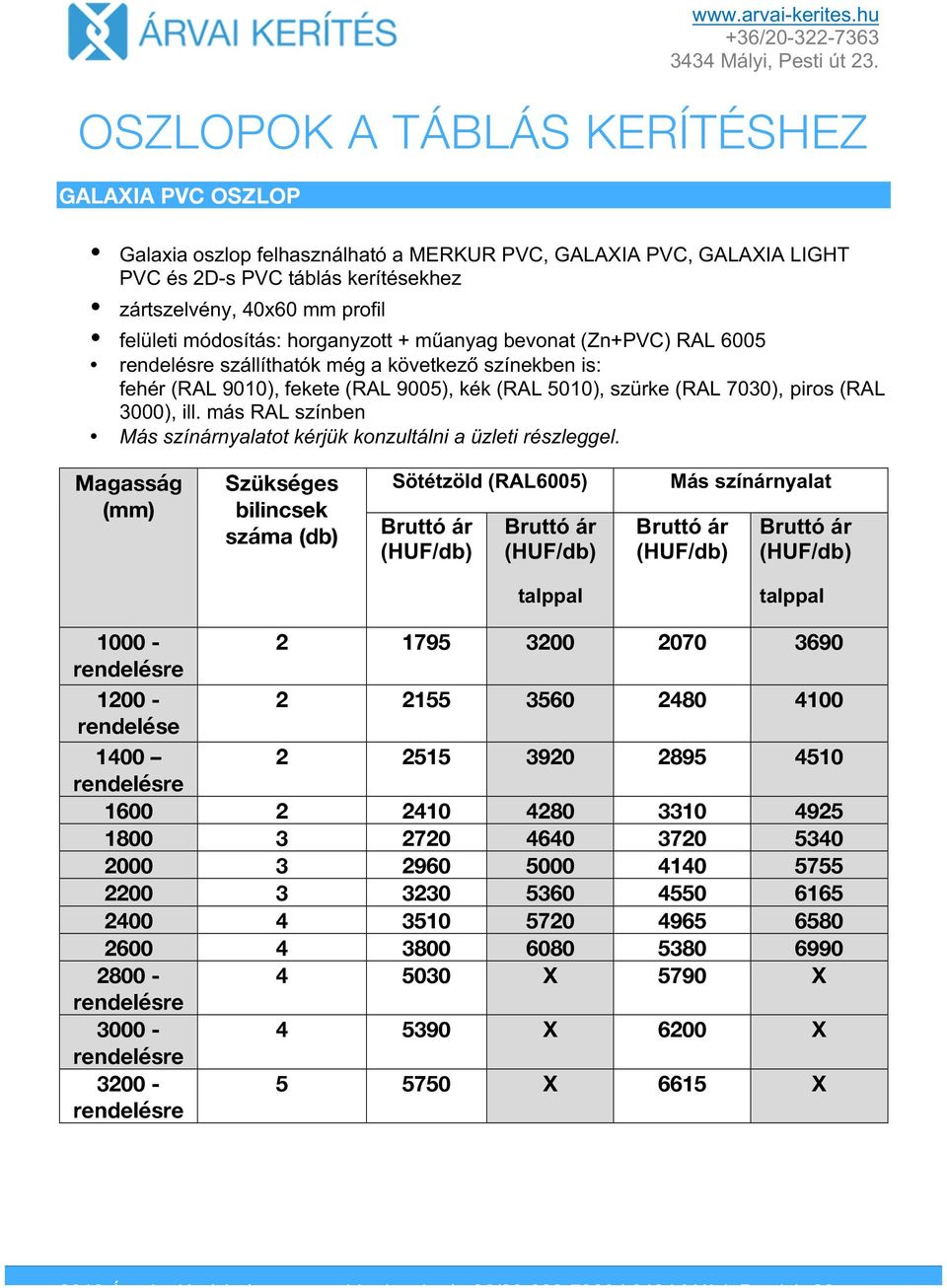 más RAL színben Más színárnyalatot kérjük konzultálni a üzleti rzleggel.