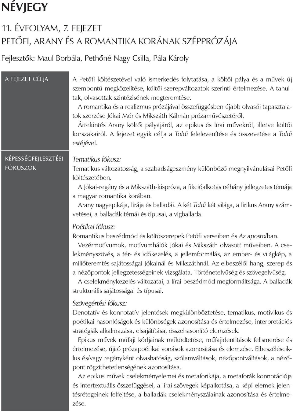 folytatása, a költői pálya és a művek új szempontú megközelítése, költői szerepváltozatok szerinti értelmezése. A tanultak, olvasottak szintézisének megteremtése.
