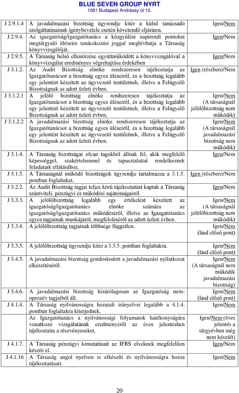 Igazgatótanácsot a bizottság egyes üléseiről, és a bizottság legalább egy jelentést készített az ügyvezető testületnek, illetve a Felügyelő Bizottságnak az adott üzleti évben. J 3.1.2.