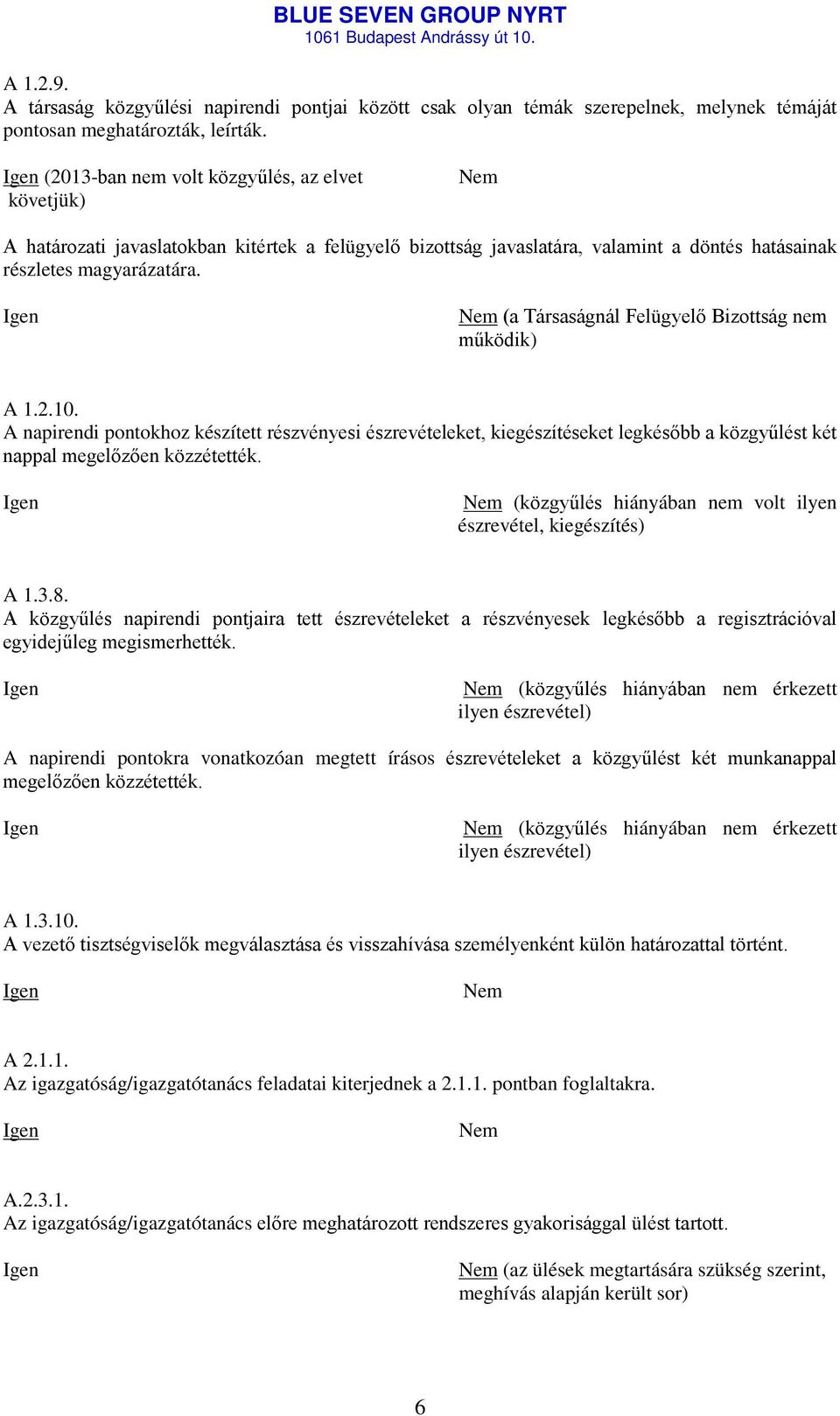 (a Társaságnál Felügyelő Bizottság nem működik) A 1.2.10. A napirendi pontokhoz készített részvényesi észrevételeket, kiegészítéseket legkésőbb a közgyűlést két nappal megelőzően közzétették.