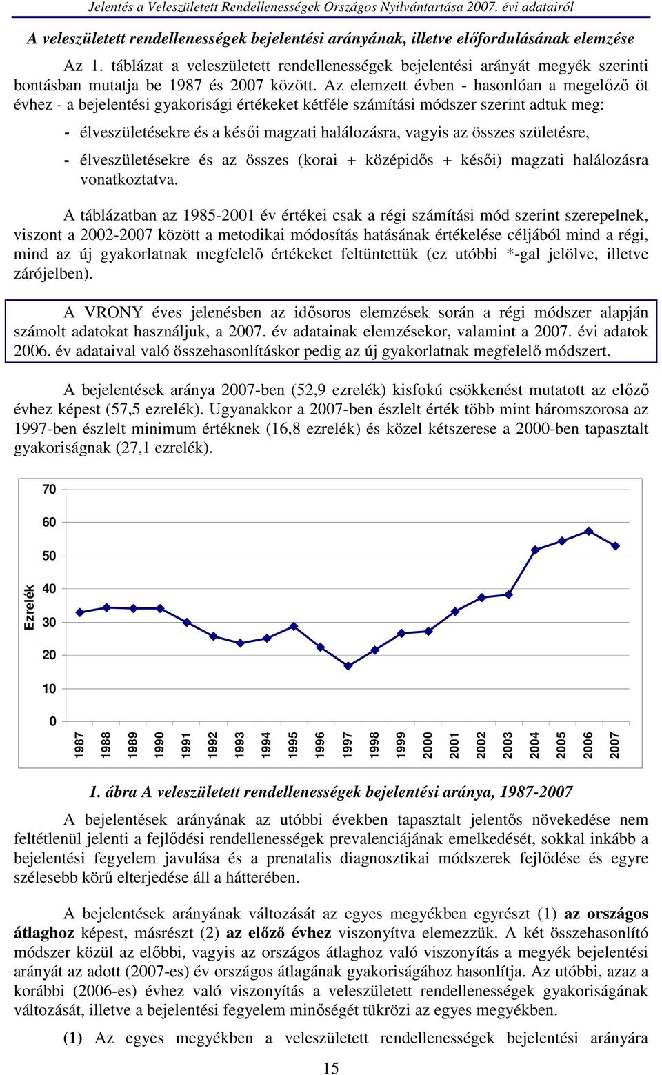 Az elemzett évben - hasonlóan a megelőző öt évhez - a bejelentési gyakorisági értékeket kétféle számítási módszer szerint adtuk meg: - élveszületésekre és a késői magzati halálozásra, vagyis az