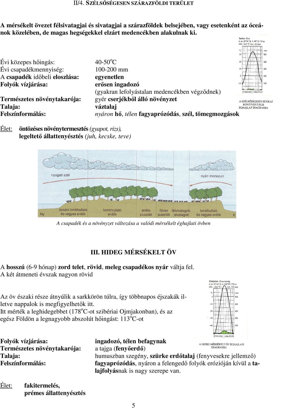 40-50 o C 100-200 mm egyenetlen erősen ingadozó (gyakran lefolyástalan medencékben végződnek) gyér cserjékből álló növényzet váztalaj nyáron hő, télen fagyaprózódás, szél, tömegmozgások öntözéses