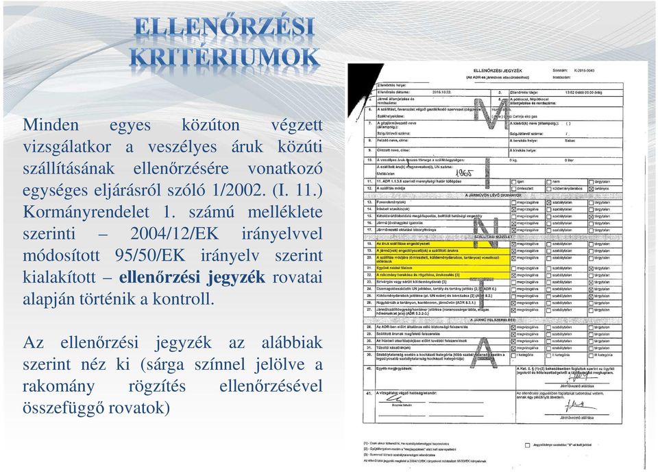 számú melléklete szerinti 2004/12/EK irányelvvel módosított 95/50/EK irányelv szerint kialakított ellenőrzési