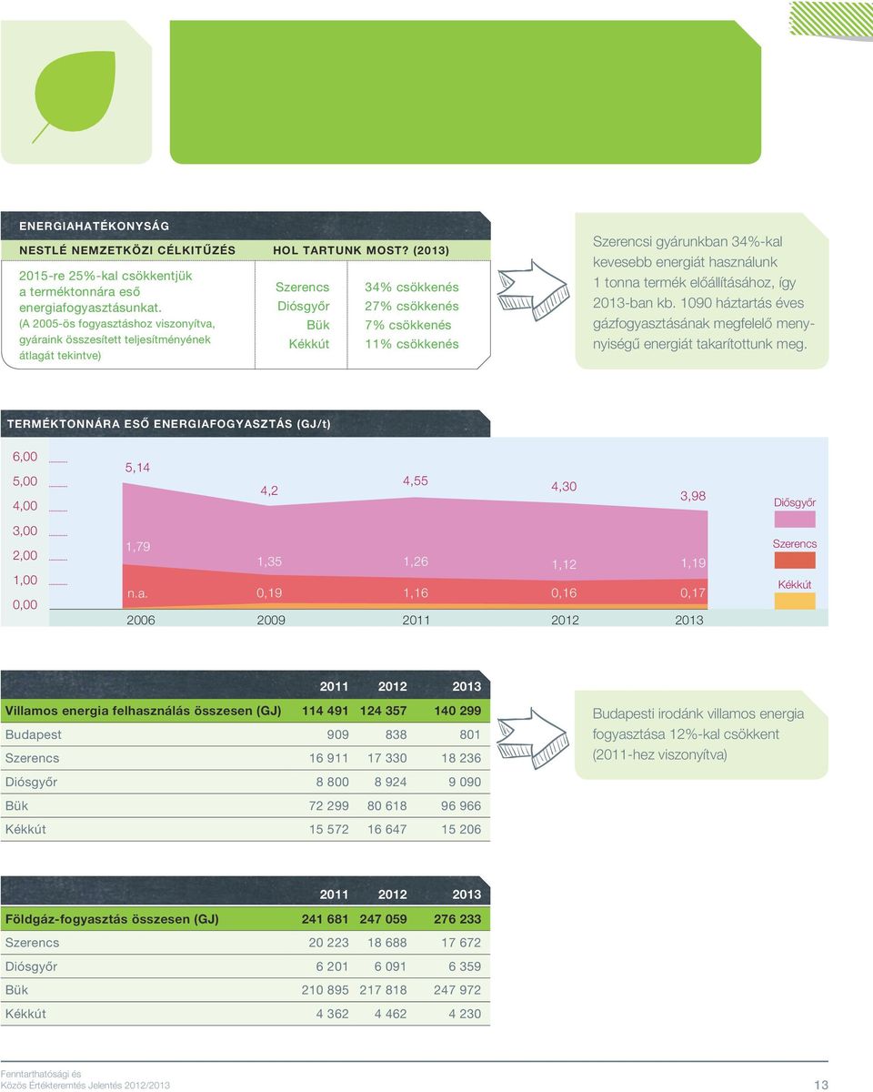 34%-kal kevesebb energiát használunk 1 tonna termék előállításához, így 2013-ban kb. 1090 háztartás éves gázfogyasztásának megfelelő menynyiségű energiát takarítottunk meg.