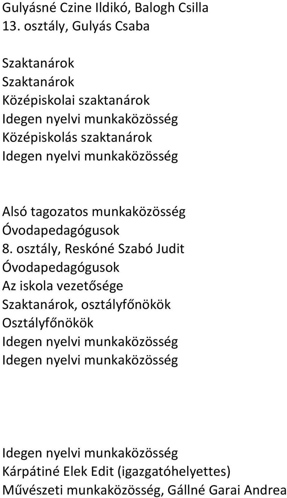 Középiskolás szaktanárok Alsó tagozatos munkaközösség Óvodapedagógusok 8.