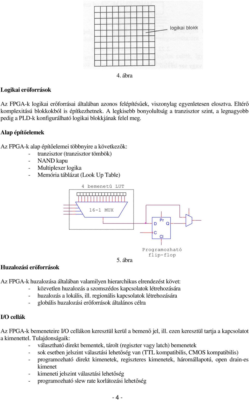 Alap építőelemek Az FPGA-k alap építőelemei többnyire a következők: - tranzisztor (tranzisztor tömbök) - NAND kapu - Multiplexer logika - Memória táblázat (Look Up Table) Huzalozási erőforrások 5.