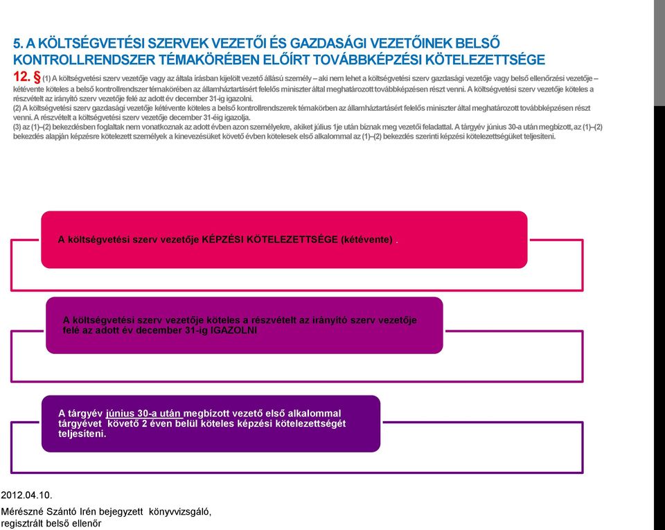 belső kontrollrendszer témakörében az államháztartásért felelős miniszter által meghatározott továbbképzésen részt venni.