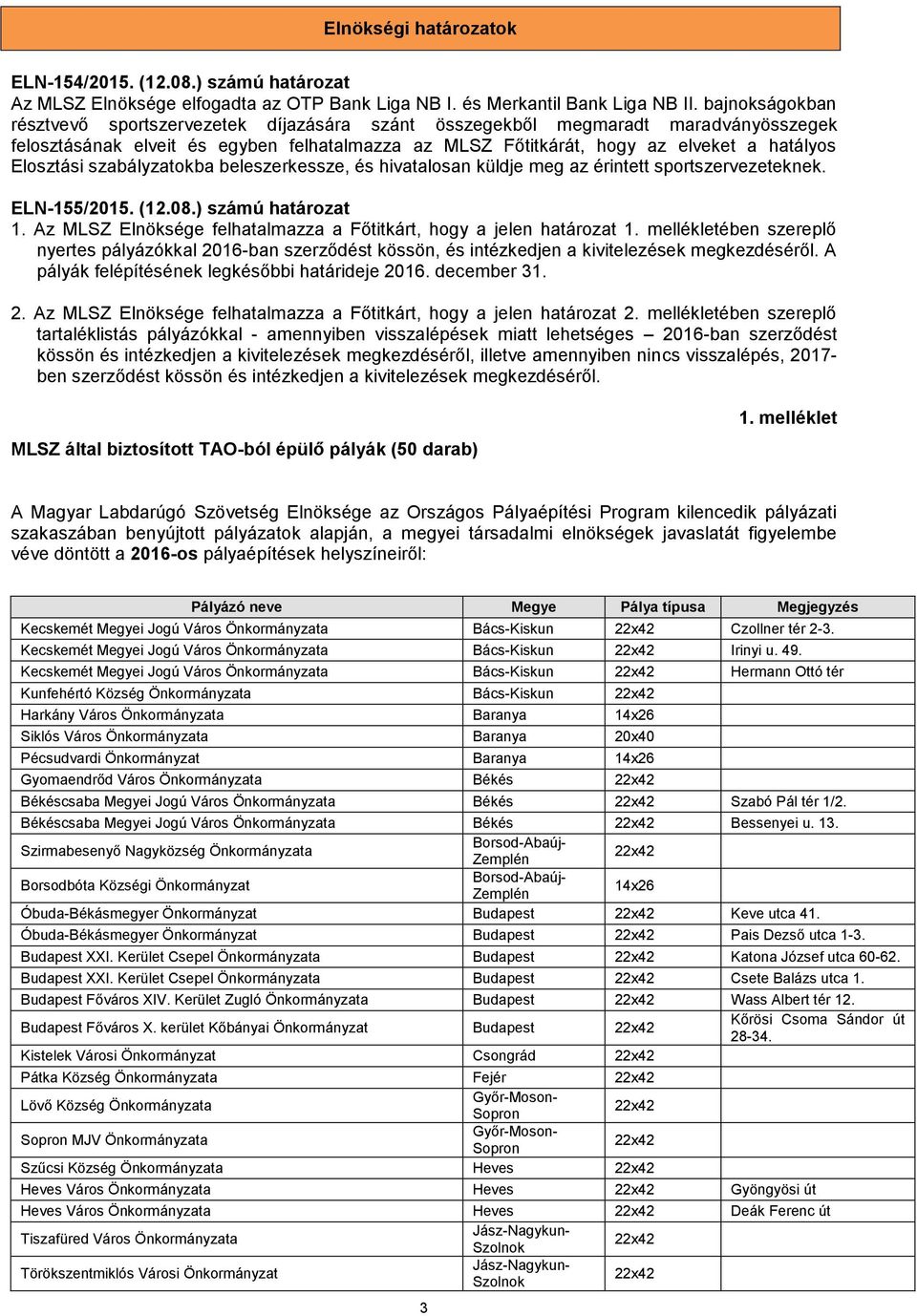 Elosztási szabályzatokba beleszerkessze, és hivatalosan küldje meg az érintett sportszervezeteknek. ELN-155/2015. (12.08.) számú határozat 1.