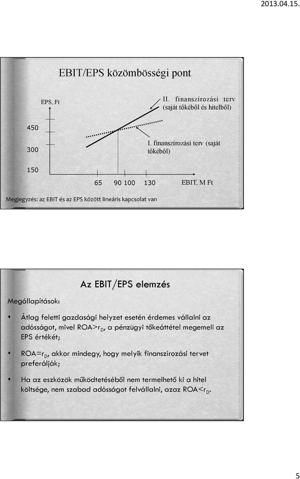 elemzés Megállapítások: Átlag feletti gazdasági helyzet esetén érdemes vállalni az adósságot, mivel ROA>rD, a pénzügyi tőkeáttétel megemeli az