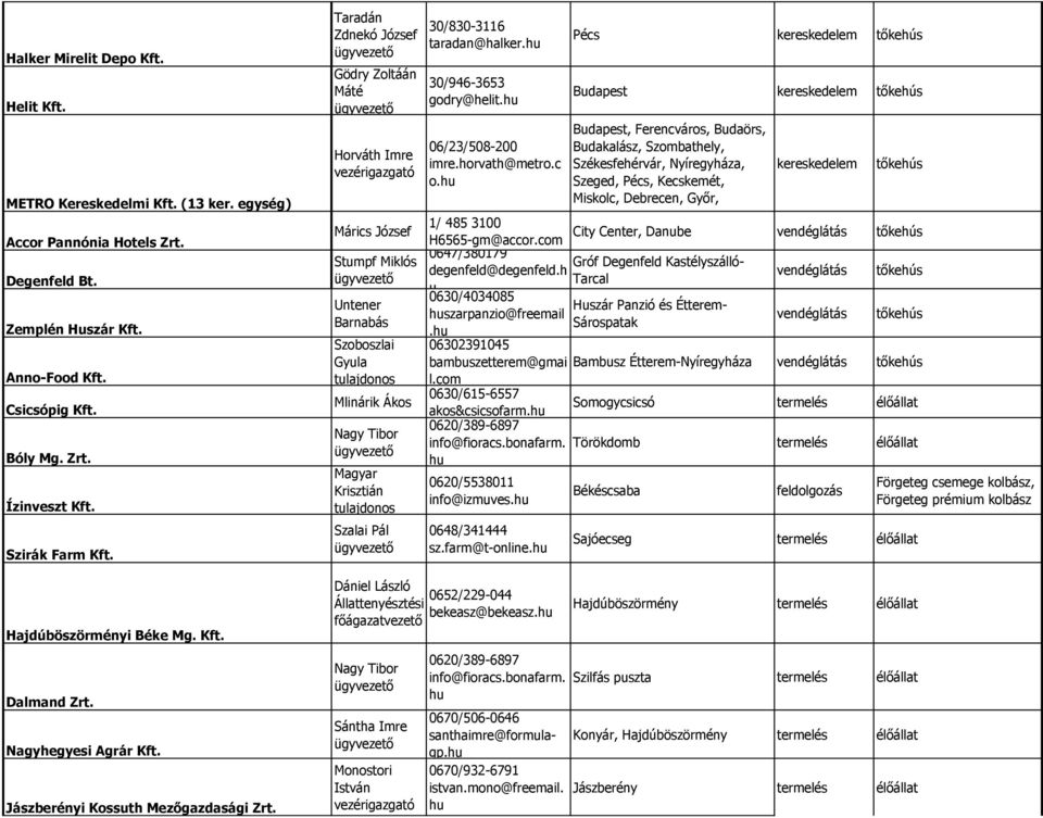 Taradán Zdnekó József Gödry Zoltáán Máté Horváth Imre vezérigazgató Márics József Stumpf Miklós Untener Barnabás Szoboszlai Gyula tulajdonos Mlinárik Ákos Nagy Tibor Magyar Krisztián tulajdonos