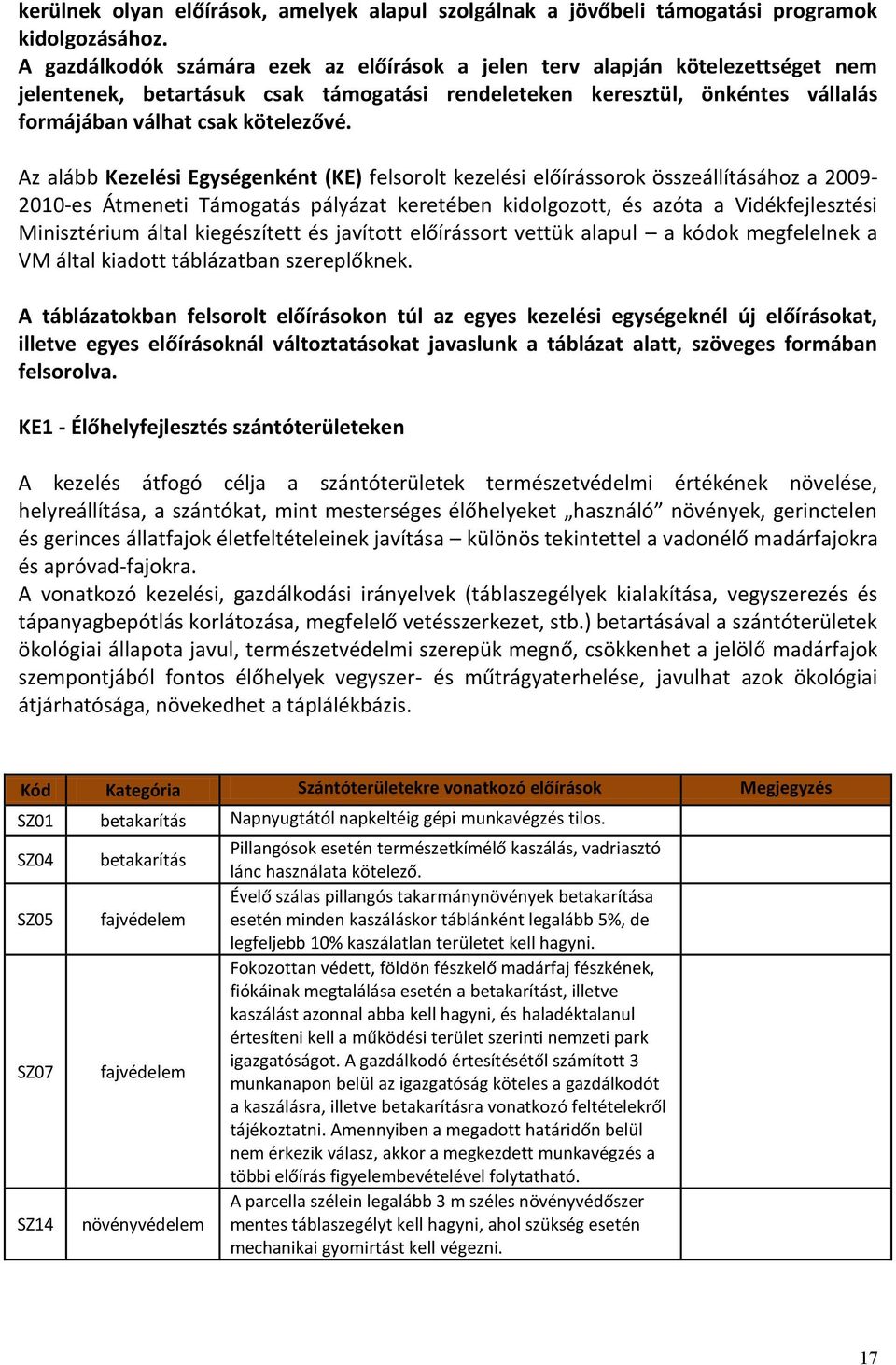 Az alább Kezelési Egységenként (KE) felsorolt kezelési előírássorok összeállításához a 2009-2010-es Átmeneti Támogatás pályázat keretében kidolgozott, és azóta a Vidékfejlesztési Minisztérium által