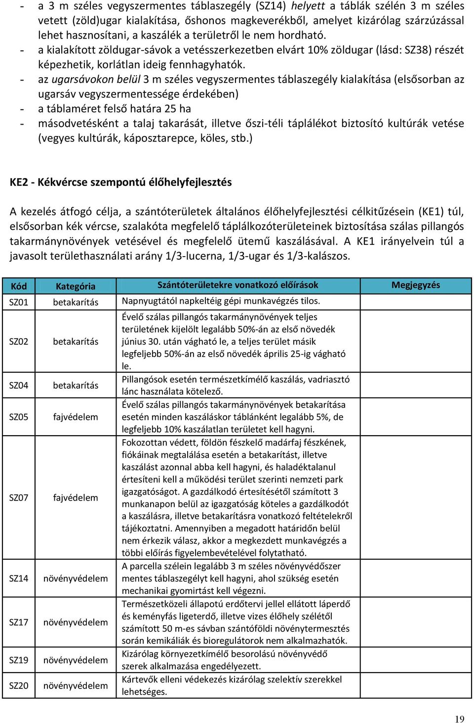 - az ugarsávokon belül 3 m széles vegyszermentes táblaszegély kialakítása (elsősorban az ugarsáv vegyszermentessége érdekében) - a táblaméret felső határa 25 ha - másodvetésként a talaj takarását,