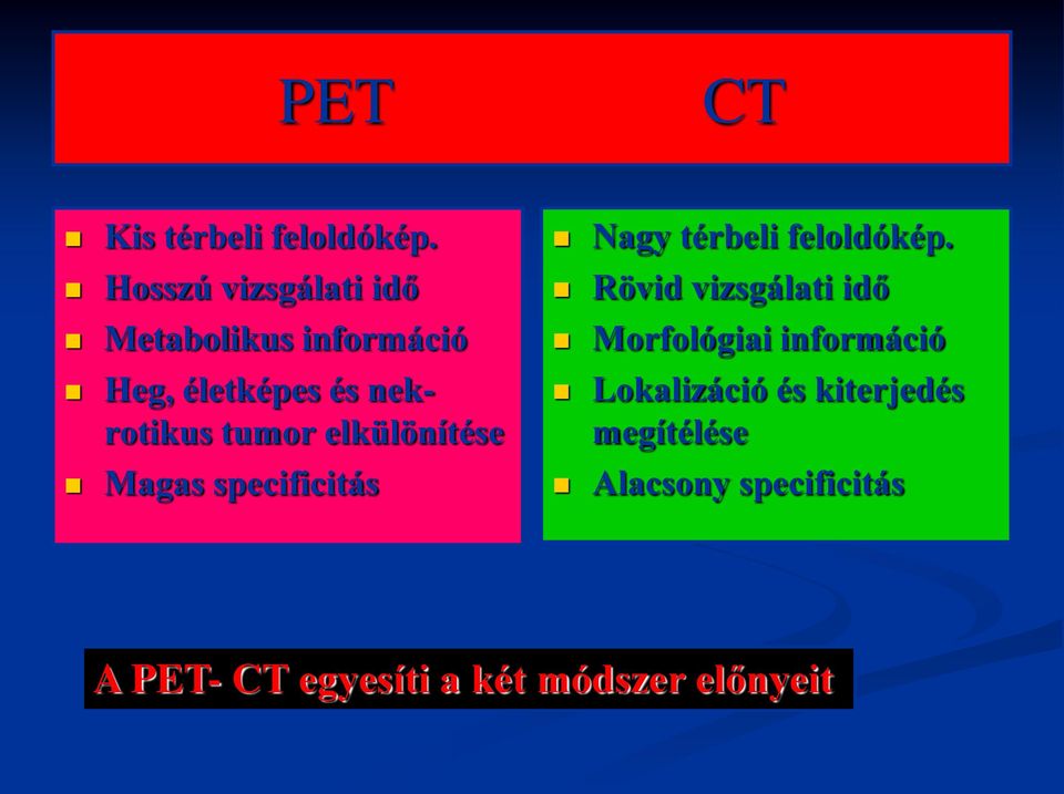 tumor elkülönítése Magas specificitás Nagy térbeli feloldókép.