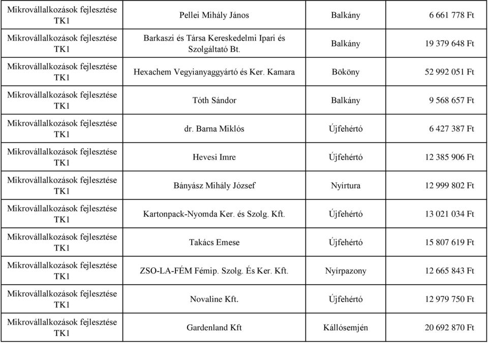 Barna Miklós Újfehértó 6 427 387 Ft Hevesi Imre Újfehértó 12 385 906 Ft Bányász Mihály József Nyírtura 12 999 802 Ft Kartonpack-Nyomda Ker.