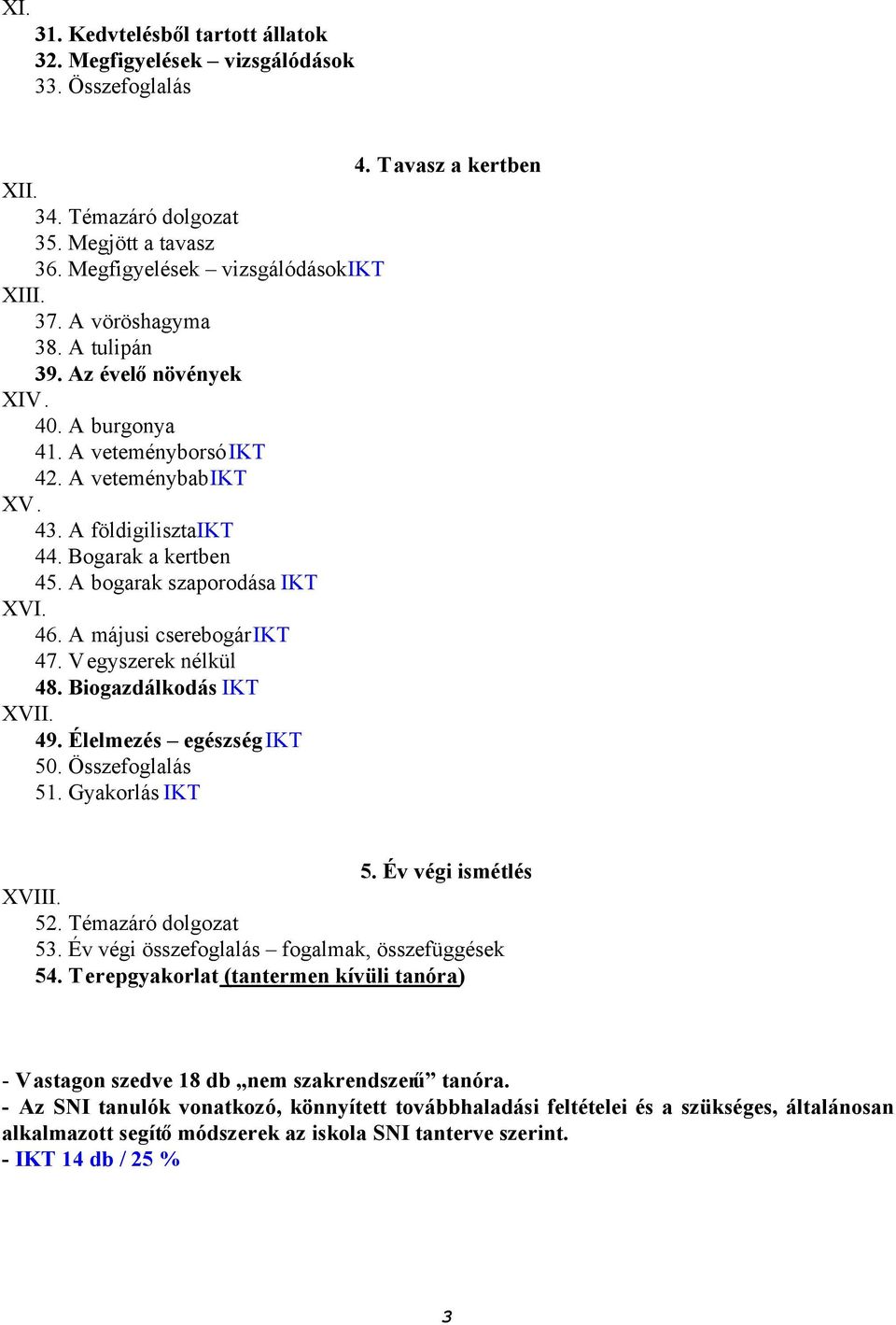 46. A májusi cserebogár IKT 47. Vegyszerek nélkül 48. Biogazdálkodás IKT XVII. 49. Élelmezés egészség IKT 50. Összefoglalás 51. Gyakorlás IKT 5. Év végi ismétlés XVIII. 52. Témazáró dolgozat 53.