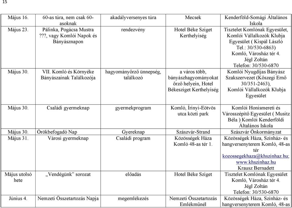 Klubja Egyesület ( Kispál László Tel.: 30/530-6863) Komló, Városház 4.